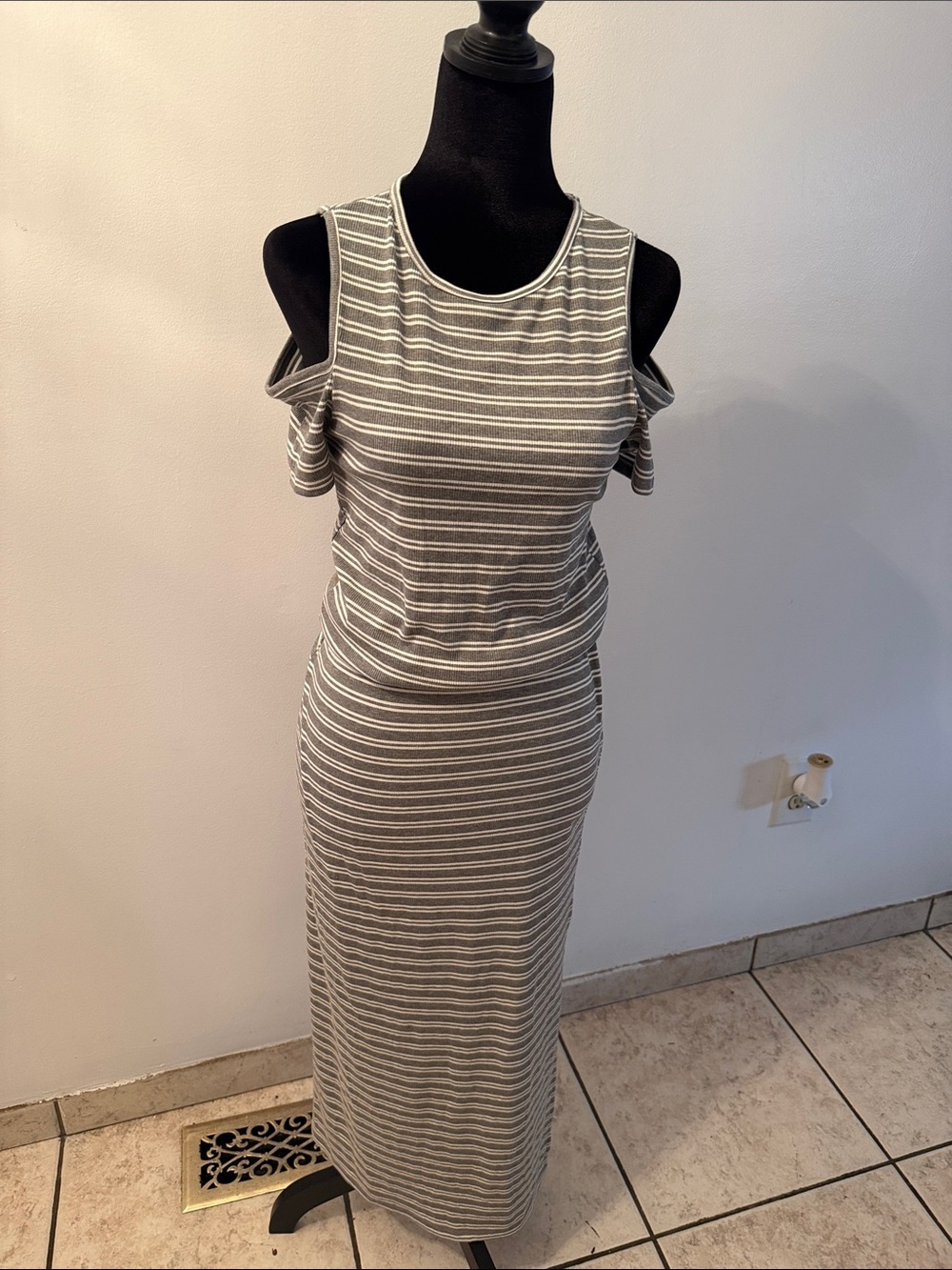 Zara Gray & White Striped Cold-Shoulder Maxi Dress